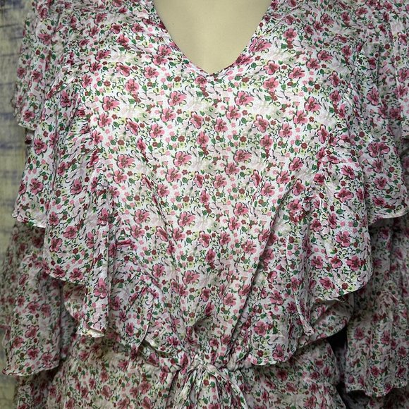 M/L Floral Print Long Sleeve Eyelet Ruffled Mini Tie Waist Dress - Picture 2 of 7